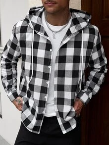 Manfinity CasualCool Men's Plaid Long Sleeve Single-Breasted Casual Drawstring Hooded Shirt - Multicolor - View 5