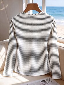 Franclia Blue White Stripe Plus Size Fitted Short Cardigan, Round Neck Long Sleeve Floral Button Design, Casual Elegant Sailor Classy Top Women, Fall - Multicolor - View 2