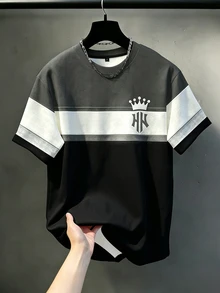 Manfinity Homme Kaos Lengan Pendek Leher Bulat Kasual Nyaman Ukuran Besar untuk Pria dengan Motif Mahkota Huruf - MultiWarna - View 1