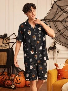 Provexi Provexi Men's Fun Halloween Pattern Print Lapel Collar Button-Down Short Sleeve Shorts Pajama Set - Multicolor - View 4