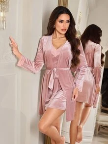 LuxeNights Women's Velvet Camisole Mini Dress & Lace Long Sleeve Cardigan Pajama Set - Pink - View 7