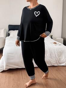 Napfluff CURVE Napfluff CURVE Plus Size Women's Heart Print Striped Patchwork Pajama Set, Casual Loungewear - Black - View 2