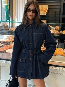 Aloruh Women's Raglan Long Sleeve Single-Breasted Casual Denim Jacket,A-Line Mini,Brunch Outfit,Halloween,Christmas,French Dark Blue Fall - Blue - View 6