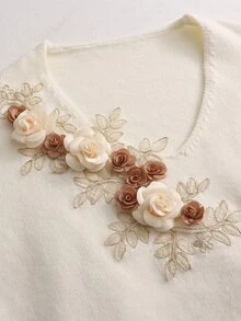 Linavere Women's Romantic 3D Floral V-Neck Drop Shoulder Long Sleeve Sweater - White - View 4