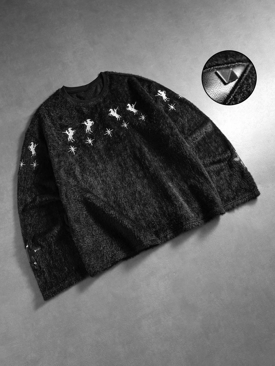 ROMWE MEN Men's Autumn/Winter Casual Star Embroidery & Rivet Decor Pullover Sweatshirt - Black - View 1