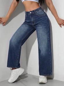 SHEIN PETITE 女款休閒百搭藍色丹寧直筒長褲，附口袋 - 深色水洗藍 - 查看 4