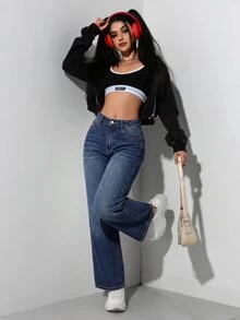 SHEIN PETITE 女款休閒百搭藍色丹寧直筒長褲，附口袋 - 深色水洗藍 - 查看 3
