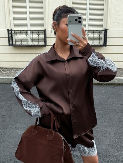 Siren Gaze Women's Lace Patchwork Long Sleeve Top And Shorts Casual Daily 2 Pieces Set