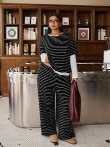 Muchica Plus-Size Black And White Striped Layered T-Shirt And Trouser Set Is Casual And Versatile, Suitable For Home Relaxation In Autumn And Winter. - Black and White - View 3