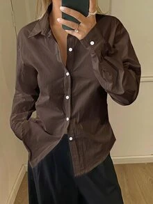 DAZY 女款純色修身腰長袖領口優雅正式春夏襯衫 - 咖啡棕 - 查看 5