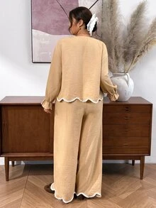 Lounesse Plus Size Women's Front Tie Long Sleeve Shirt And Wide Leg Pants Casual 2 Pieces Set - Mocha Brown - View 2
