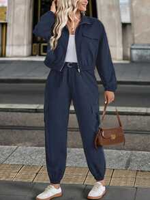 EMERY ROSE Setelan 2 Potong Jaket Pendek Kerah Tegak Resleting Kasual Ukuran Besar dengan Kantong dan Lubang Sabuk, Celana Kargo Manset, Formal Liburan, Biru Tua, Musim Gugur - Navy Blue - View 6