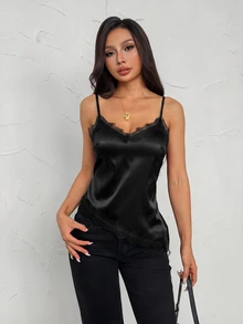 SHEIN PETITE Women's Solid Color Contrast Lace Asymmetric Hem Cami Top - Black - View 3