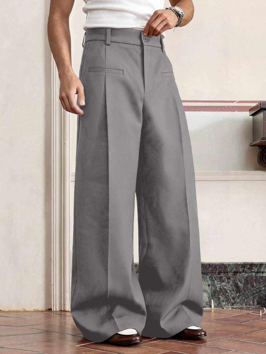 SWAVVY Men's Solid Color Pleated Wide Leg Loose Casual Versatile Long Pants - Grey - View 1