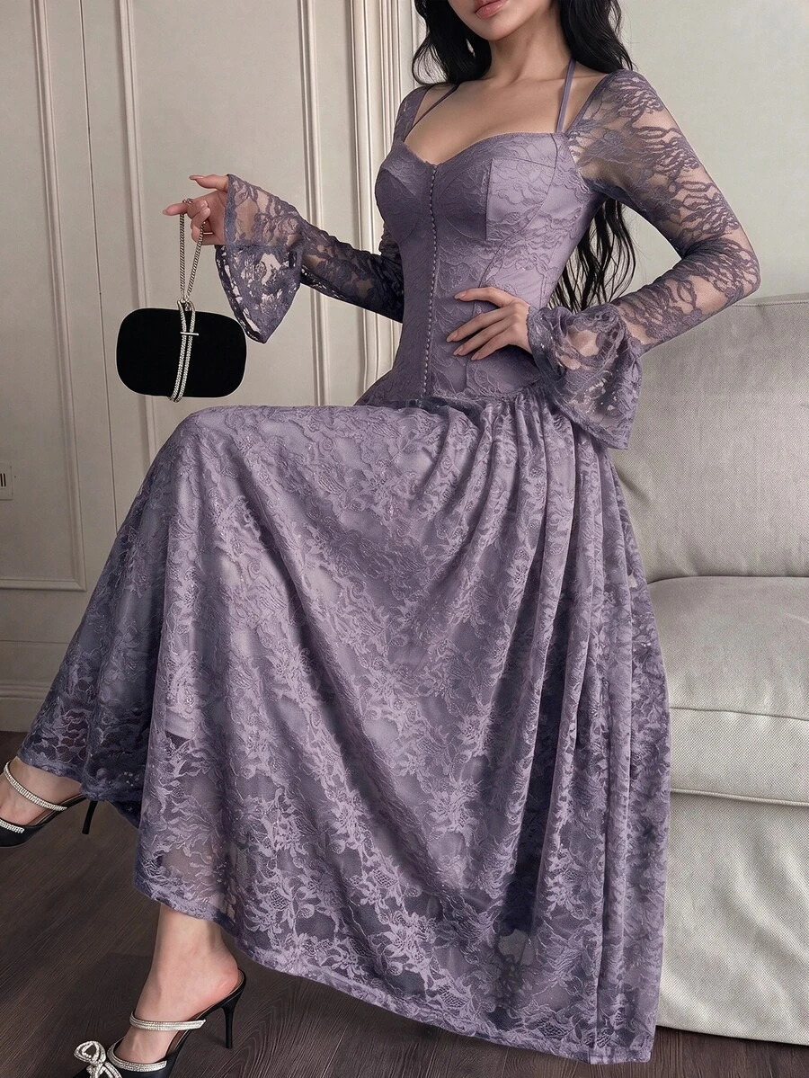 Feyla Women's Elegant Solid Color Lace Dress