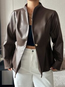 Livesso PU Leather Elegant Blogger Casual Waist-Cinching Spring/Autumn New Jacket - Brown - View 6