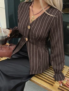 Dazy Plus V-Neck Fitted Striped Bell Sleeve Blazer, Casual Chic Commuter Style, Spring/Autumn New Arrival - Brown - View 1