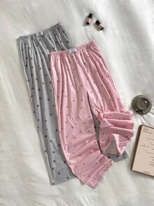 Napfluff 2pcs Women's Minimalist Fashion Striped Bow Print Waistband Elastic Waist Straight Leg Long Pajama Pants 2-Piece Set - Multicolor - View 4