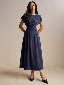 Poéselle Women's Striped Boat Neck Batwing Short Sleeve Elegant Dress - Navy Blue - View 2