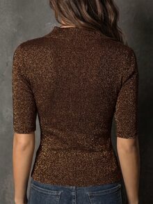 SHEIN 新款春夏秋冬簡約閃亮線條羅紋針織女款缺口領V領中袖復古修身T恤 - 咖啡棕 - 查看 2