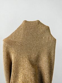 SHEIN 新款春秋極簡閃光線條羅紋針織女款T恤 缺口領V領中袖復古修身款 - 杏色 - 查看 6