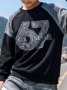 Casuvi Kids Teen Boys 2-Piece Sweatshirt Set, Denim Look Digital Print Patchwork Black Sweatshirt With Number 67, Distressed Print Joggers, Streetwear - Multicolor - View 4