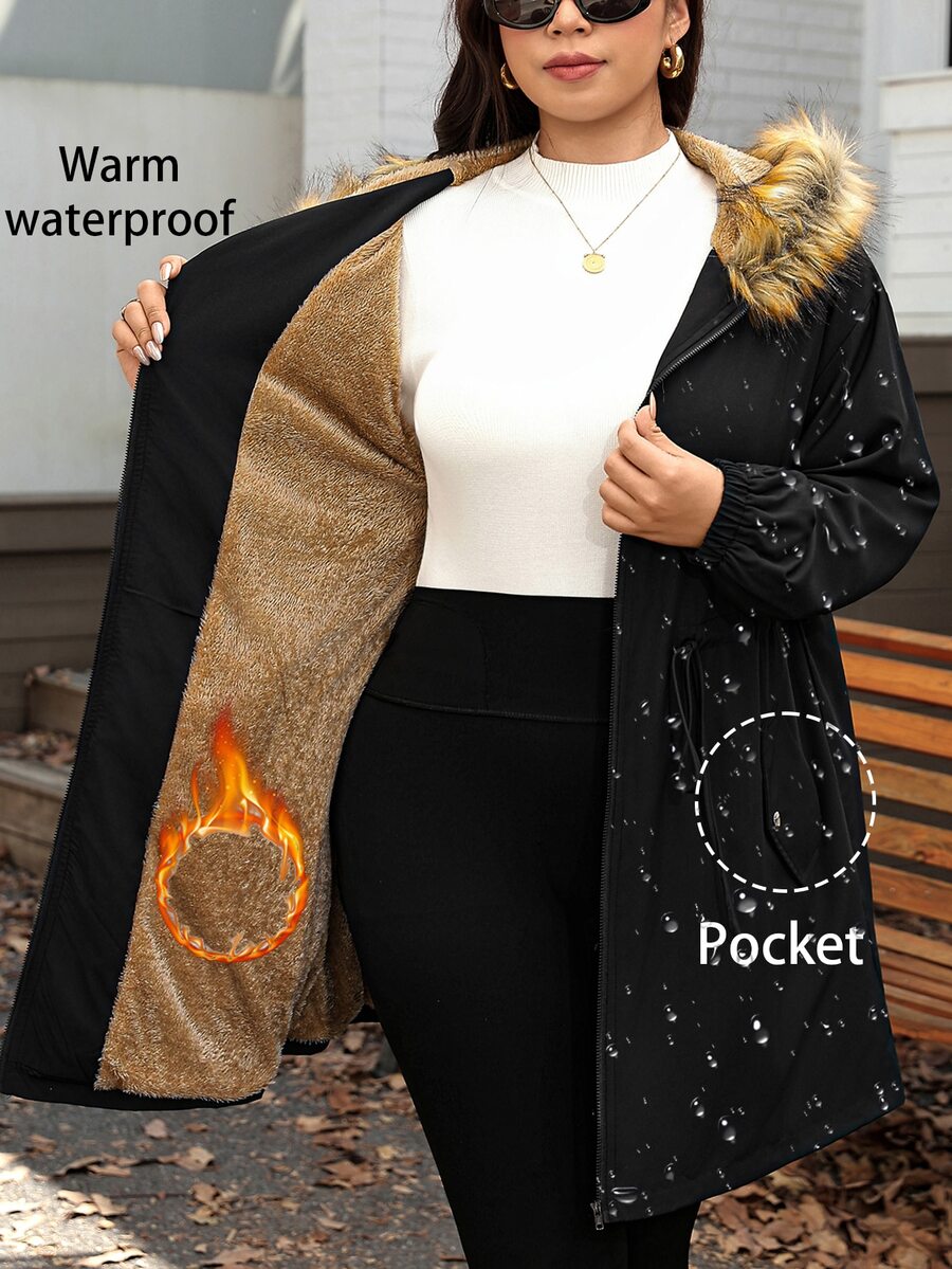 Comfylo Plus Size Plain Color Hooded Zipper Front Casual Long Sleeve Jacket Plus Size Fall Clothes - Black - View 1