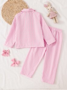 SHEIN 秋冬少女居家服套裝，柔粉格紋配可愛卡通蝴蝶結與兔子印花，寬鬆柔軟舒適薄款梭織長袖開襟衫與長褲 2 件套 - 粉色 - 查看 2