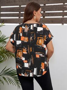Comfylo Plus Size Women's Round Neck All-Over Print Casual Versatile Daily Wear Shirt - Multicolor - View 2