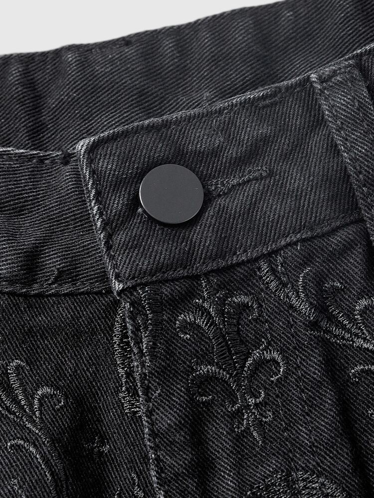 ROMWE Gothic All-Over Skull Pattern Black Stretch Denim Hot Pants For Women - Black - View 3