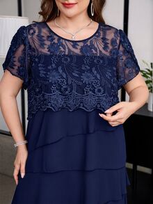 Reflora Plus Size Summer Elegant Solid Color Lace Patchwork Dress - Navy Blue - View 3