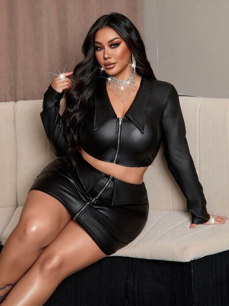 NU&NOW V-Neck Zipper Front Shirt, Shirt Collar Design Skirt, Sexy Outfit, Blazer Two Pieces Set - Black - View 1