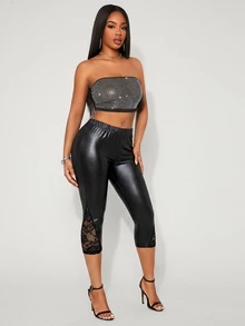 SHEIN SXY Women's Fashion Commute Lace Patchwork Leggings - Black - View 4