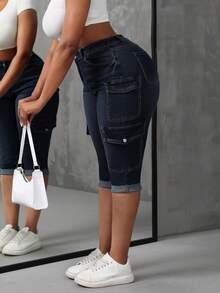 SHEIN CURVE+ Plus Size Cowgirl Outfit Blue Stretch Denim Cargo Pocket Sexy Tight Capris - Dark Wash - View 3