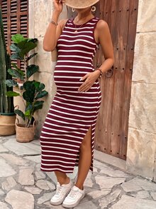 SHEIN 孕婦條紋圓領側開衩下擺休閒背心洋裝 - 酒紅色 - 查看 2