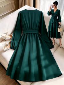 Selianne Multi-Layer Split Design Elegant Vintage Commuter Long Sleeve V-Neck French Style Women's Dress - Dark Green - View 2