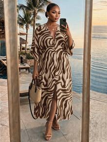 SHEIN Lady CURVE Plus Size Women's Vacation Zebra Print Ruffle Cold Shoulder Fashion Dress Ruffled Full-Skirt Tropical Vacation Outfit, Outdoor Wear Elegant Summer Fall - Green - View 3