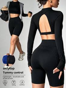 Velisys Velisys Solid Color Backless Fitted Cropped Sports T-Shirt - Multicolor - View 5
