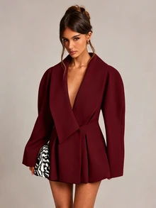 SHEIN BAE 女款純色休閒百搭通勤旅行西裝外套 - 酒紅色 - 查看 5