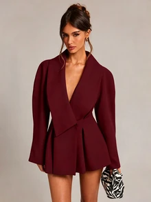SHEIN BAE 女款純色休閒百搭通勤旅行西裝外套 - 酒紅色 - 查看 1