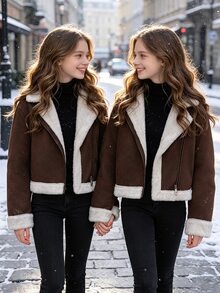 SHEIN Elladie kids Streecool 青少年女孩夾克 秋季服飾 街頭風休閒時尚 純色翻領長袖拉鍊 PU 機車夾克 常規款加厚 - 棕色 - 查看 3