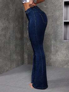 SHEIN CURVE+ Plus Size Women's Stretch Denim Flare Leg Pants - Dark Wash - View 4