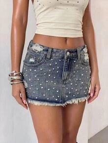 SHEIN Glamour Rok Mini Denim Wanita dengan Hiasan Paku Keling - Biru - View 3