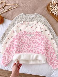 SHEIN 秋冬款 3件套！少女休閒趣味淺色豹紋＋花卉圖案，厚實柔軟舒適圓領套頭運動衫，多件裝女童服飾，Y2K、可愛風、派對、日常、度假、可愛舒適 - 彩色 - 查看 6