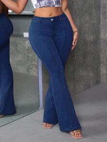 SHEIN ICON Celana Panjang Model Flare Kasual untuk Wanita Ukuran Plus - Medium Wash - View 1