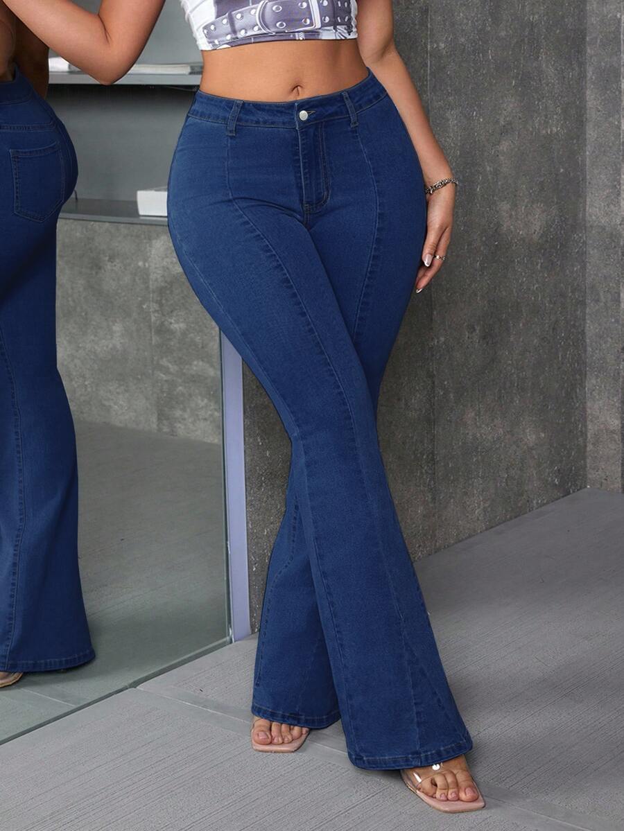 SHEIN ICON Celana Panjang Model Flare Kasual untuk Wanita Ukuran Plus - Medium Wash - View 1
