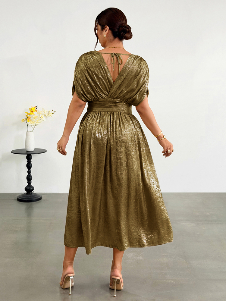 Firerie Women's New Elegant Vacation Beach Commute Casual French Romantic Cross Pleated Batwing Sleeve Cinched Waist Umbrella Hem Dress, Romantic Cream Yellow Dress, Umbrella Hem Dress, Elegant Romantic Dress, V-Neck Dress, Sexy Daily Elegant Commute Women's Dress - Gold - View 2