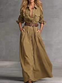 Glimmora Plus Size Women Solid Color Casual Party Dress - Khaki - View 7