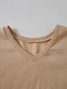 Rusticease Plus Size Women V-Neck Long Sleeve High-Low Hem Casual Loose Fit Básica Baggy Sweatshirt Formal Home Wear Khaki Autumn Fall Vacation Birthday - Apricot - View 6