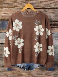 EMERY ROSE Plus Size Casual Floral Print Round Neck Drop Shoulder Long Sleeve Pullover Sweater Winter - Coffee Brown - View 2